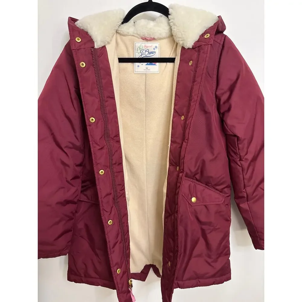 J. Crew Parka Girls 14 Maroon Red PrimaLoft Fishtail Hooded Sherpa Lined Jacket